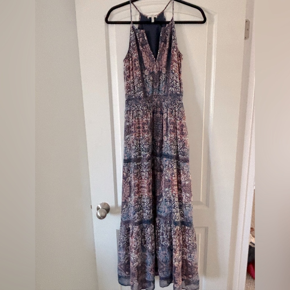 Joie Pink and Blue Ruffled Halter Maxi Dress 100 silk  size 0